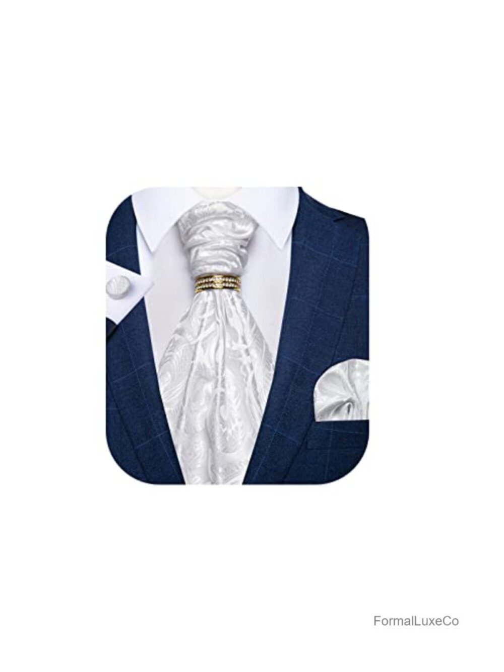 Silk Ascot Tie Set with Pocket Square, Cufflinks & Tie Ring for Men - Wedding